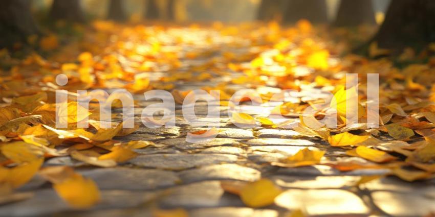 Path lined with fallen yellow leaves background, a serene walkway covered with vibrant yellow leaves, creating a peaceful autumn scene with trees lining the path, casting soft shadows in the gentle light.