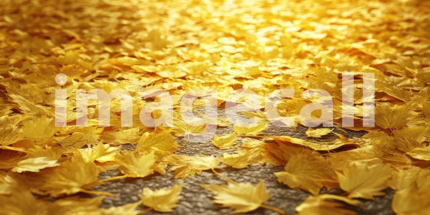 Path lined with fallen yellow leaves background, a serene walkway covered with vibrant yellow leaves, creating a peaceful autumn scene with trees lining the path, casting soft shadows in the gentle light.
