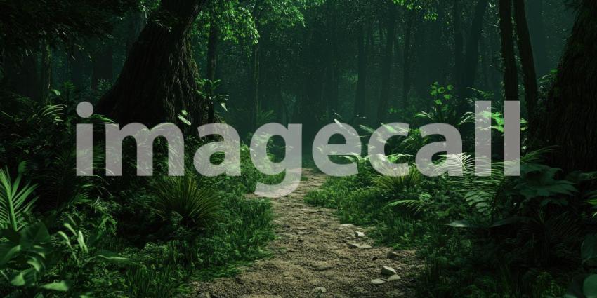 A path winds through a dense forest background, a narrow trail surrounded by towering trees and lush greenery, with dappled sunlight filtering through the thick canopy, creating a peaceful and enchanting atmosphere.