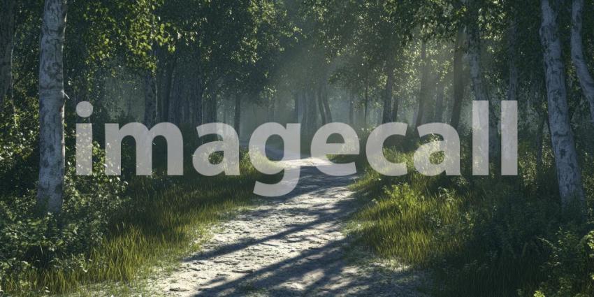 A path winds through a dense forest background, a narrow trail surrounded by towering trees and lush greenery, with dappled sunlight filtering through the thick canopy, creating a peaceful and enchanting atmosphere.