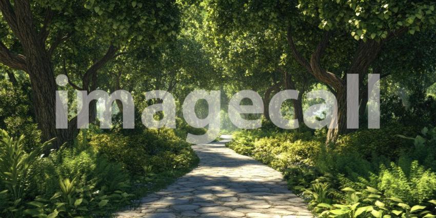 A path winds through a dense forest background, a narrow trail surrounded by towering trees and lush greenery, with dappled sunlight filtering through the thick canopy, creating a peaceful and enchanting atmosphere.