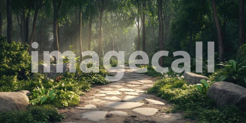 A path winds through a dense forest background, a narrow trail surrounded by towering trees and lush greenery, with dappled sunlight filtering through the thick canopy, creating a peaceful and enchanting atmosphere.