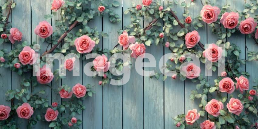 Pink roses bloom on a wooden trellis background, vibrant blossoms climbing gracefully along the rustic wooden framework, creating a charming and romantic garden scene.