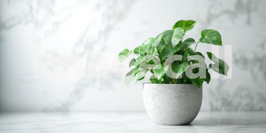 Potted Plant with Green Leaves Sits on White Marble Table Background, Fresh Green Plant on a Elegant Marble Surface in a Clean, Minimalist Setting