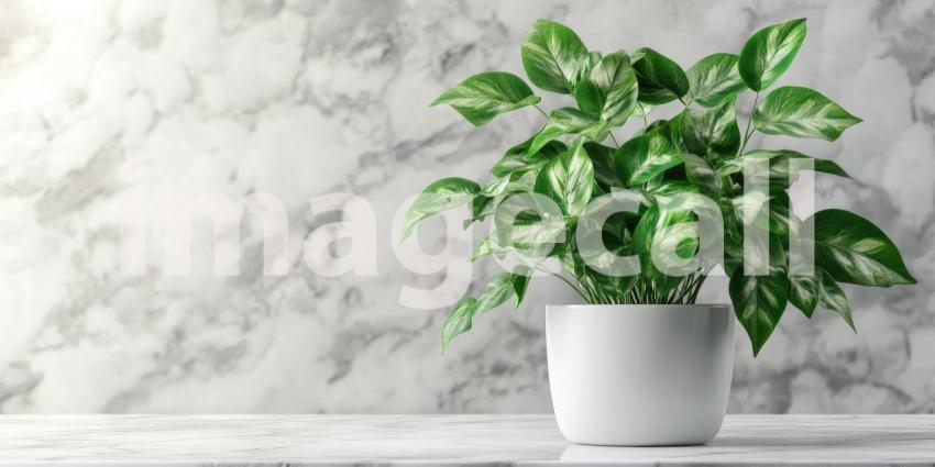 Potted Plant with Green Leaves Sits on White Marble Table Background, Fresh Green Plant on a Elegant Marble Surface in a Clean, Minimalist Setting