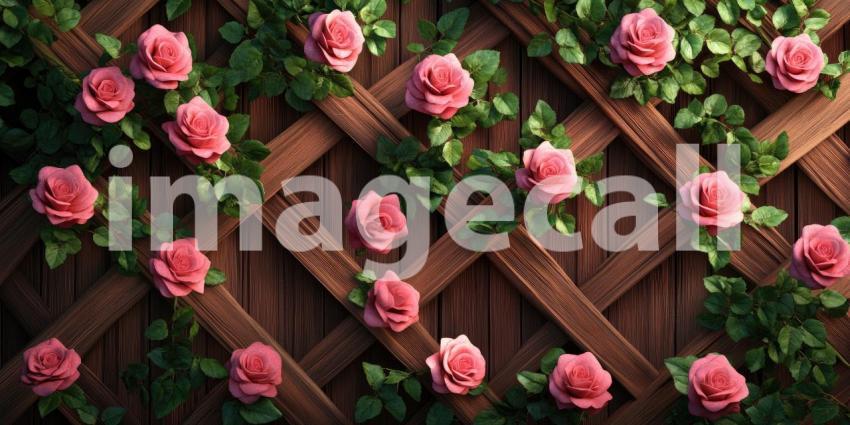 Pink roses bloom on a wooden trellis background, vibrant blossoms climbing gracefully along the rustic wooden framework, creating a charming and romantic garden scene.