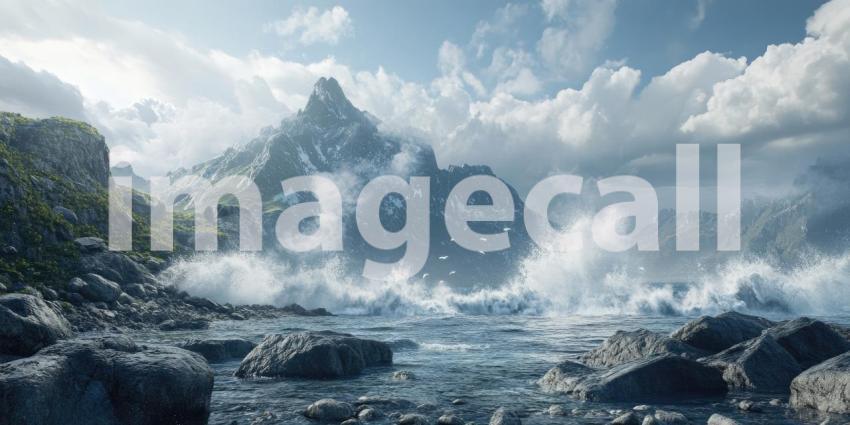Powerful waves crashing against a rocky shore background, the ocean's force sending spray into the air as the waves pound the jagged rocks, creating a dramatic and dynamic coastal scene.