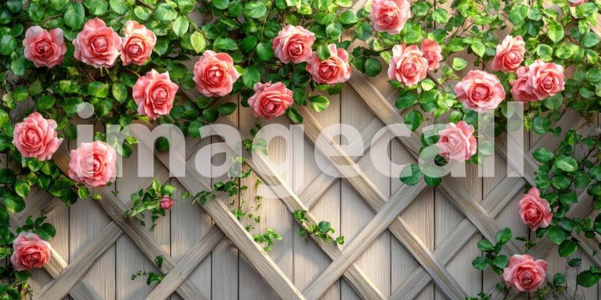 Pink roses bloom on a wooden trellis background, vibrant blossoms climbing gracefully along the rustic wooden framework, creating a charming and romantic garden scene.
