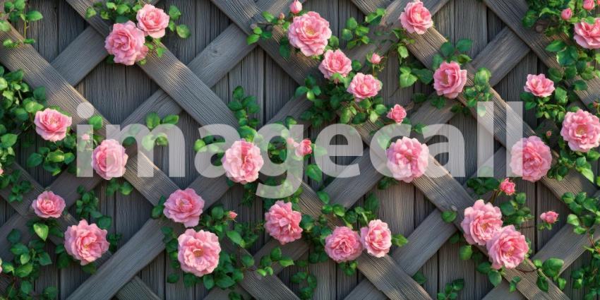 Pink roses bloom on a wooden trellis background, vibrant blossoms climbing gracefully along the rustic wooden framework, creating a charming and romantic garden scene.