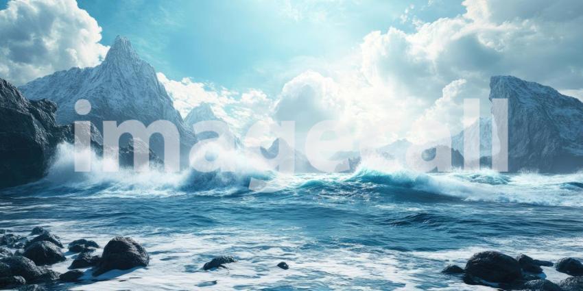 Powerful waves crashing against a rocky shore background, the ocean's force sending spray into the air as the waves pound the jagged rocks, creating a dramatic and dynamic coastal scene.
