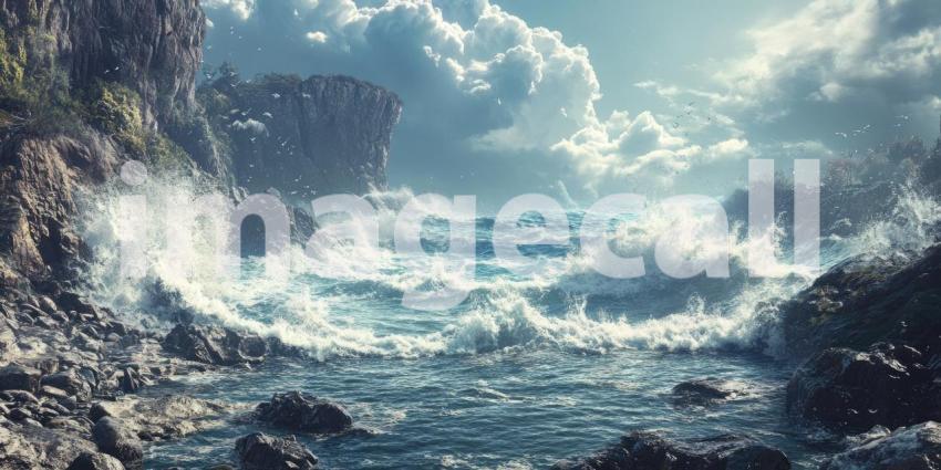 Powerful waves crashing against a rocky shore background, the ocean's force sending spray into the air as the waves pound the jagged rocks, creating a dramatic and dynamic coastal scene.