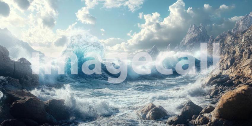 Powerful waves crashing against a rocky shore background, the ocean's force sending spray into the air as the waves pound the jagged rocks, creating a dramatic and dynamic coastal scene.