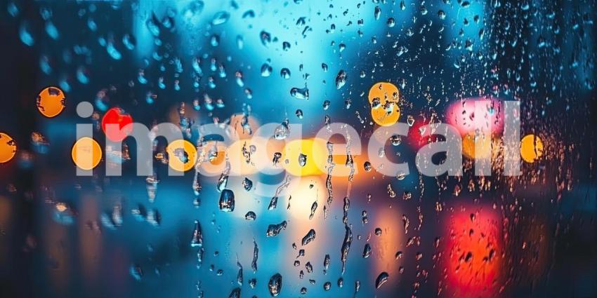 Raindrops on Glass with Blurred Lights Background, Softly Blurred Lights Creating a Dreamy Effect Through Wet Glass with Raindrops