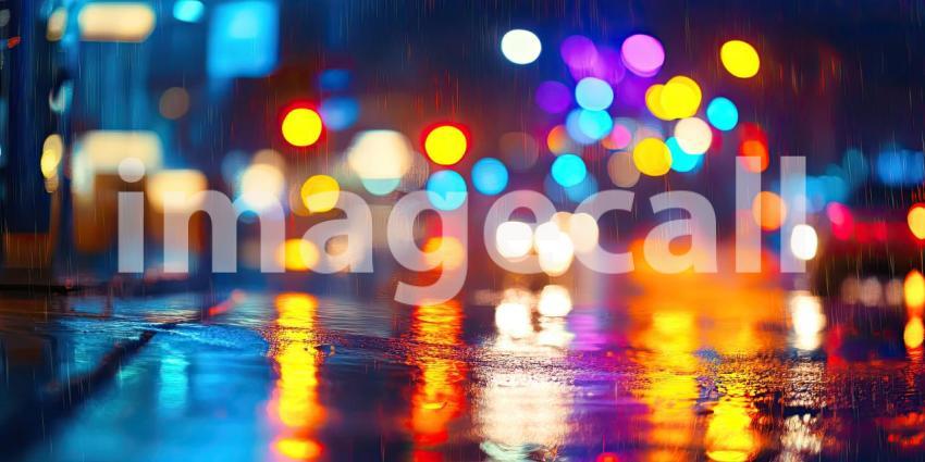 Rainy Night in City with Glowing Streetlights Background, Urban Landscape with Wet Streets and Illuminated Streetlights