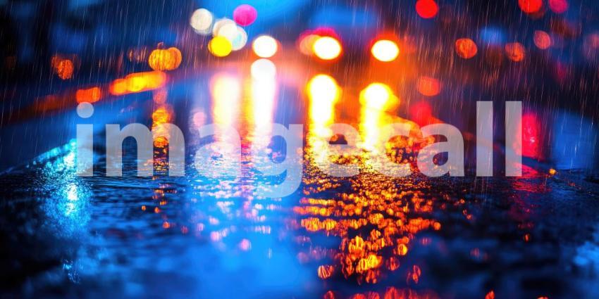 Rainy Night in City with Glowing Streetlights Background, Urban Landscape with Wet Streets and Illuminated Streetlights