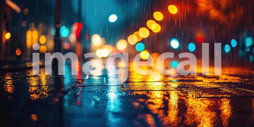 Rainy Night in City with Glowing Streetlights Background, Urban Landscape with Wet Streets and Illuminated Streetlights