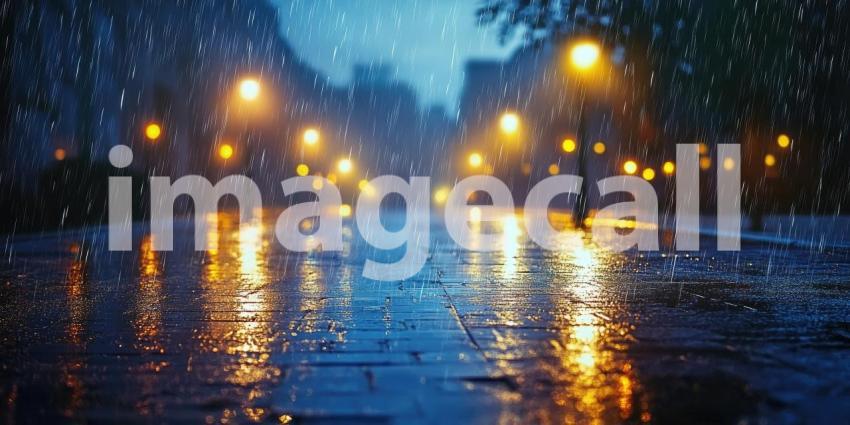 Rainy Night in City with Glowing Streetlights Background, Urban Landscape with Wet Streets and Illuminated Streetlights