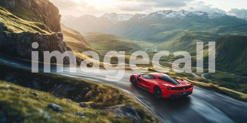 Red Sports Car Racing on Winding Mountain Road Background, Sleek Red Car Speeding Through Curved Mountain Path with Scenic Views
