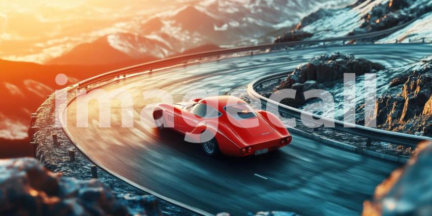 Red Sports Car Racing on Winding Mountain Road Background, Sleek Red Car Speeding Through Curved Mountain Path with Scenic Views