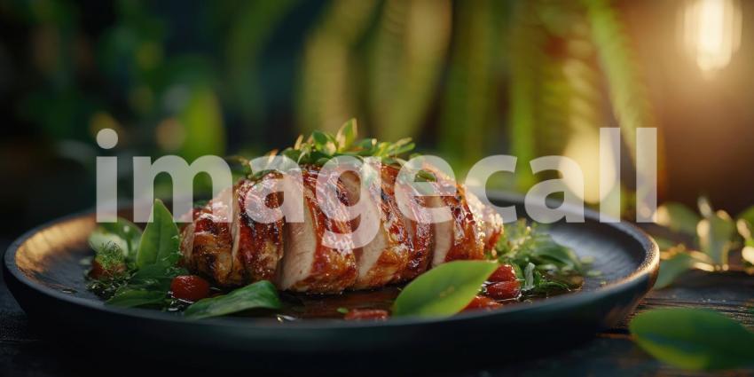 Roasted Pork on Plate with Herbs and Garnish with Copyspace Background, Tender Roasted Pork Served with Fresh Herbs and Garnishes in a Clean, Elegant Setting