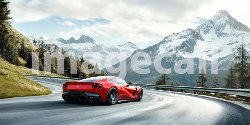 Red Sports Car Racing on Winding Mountain Road Background, Sleek Red Car Speeding Through Curved Mountain Path with Scenic Views