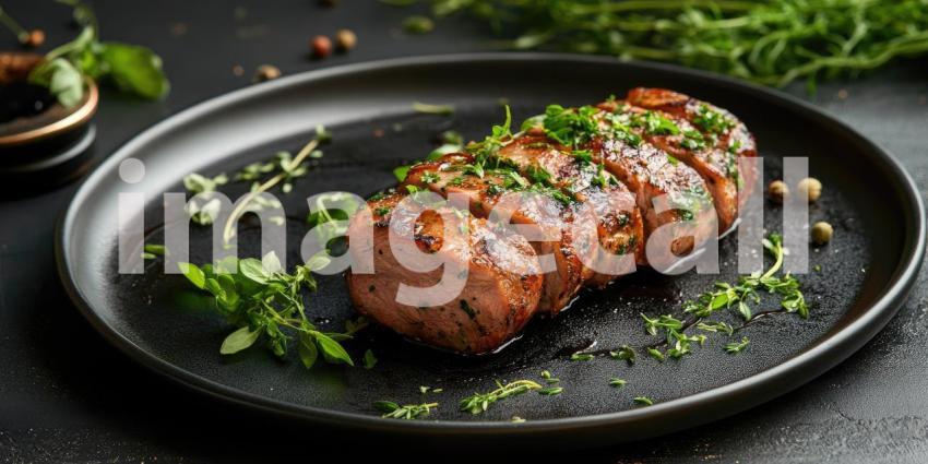 Roasted Pork on Plate with Herbs and Garnish with Copyspace Background, Tender Roasted Pork Served with Fresh Herbs and Garnishes in a Clean, Elegant Setting