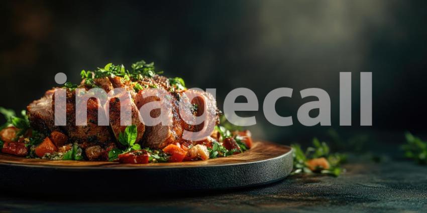 Roasted Pork on Plate with Herbs and Garnish with Copyspace Background, Tender Roasted Pork Served with Fresh Herbs and Garnishes in a Clean, Elegant Setting