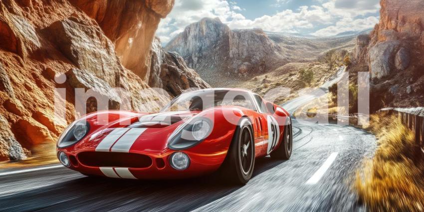 Red Sports Car Racing on Winding Mountain Road Background, Sleek Red Car Speeding Through Curved Mountain Path with Scenic Views