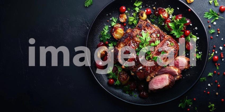 Roasted Pork on Plate with Herbs and Garnish with Copyspace Background, Tender Roasted Pork Served with Fresh Herbs and Garnishes in a Clean, Elegant Setting