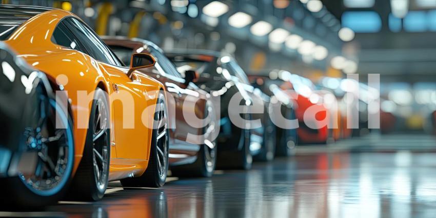 Multiple Parked Vehicles Under Bright Lighting Modern Automotive Showroom Background, Sleek Cars Displayed in a Well-Lit, Contemporary Showroom Environment