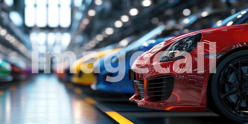 Multiple Parked Vehicles Under Bright Lighting Modern Automotive Showroom Background, Sleek Cars Displayed in a Well-Lit, Contemporary Showroom Environment