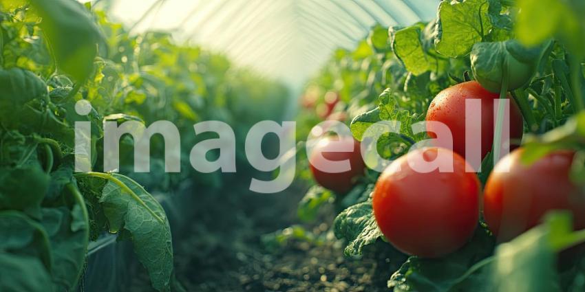 Row of lettuce and tomatoes growing in a greenhouse background, vibrant green lettuce and ripe red tomatoes flourishing under the controlled environment, with sunlight filtering through the transparent greenhouse panels.