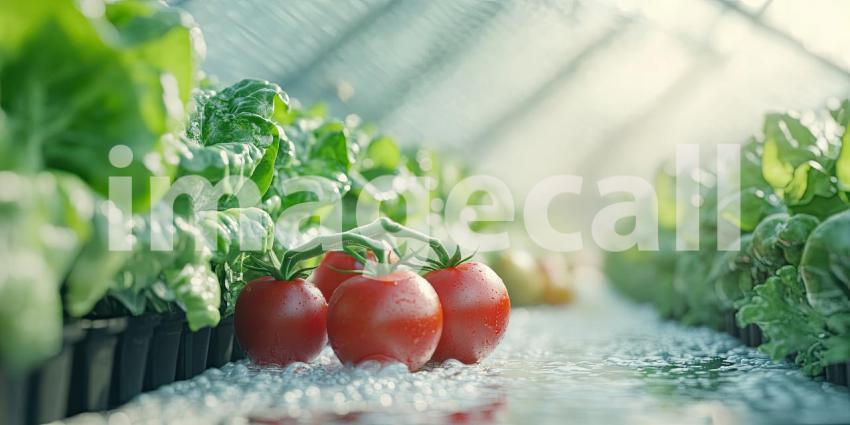 Row of lettuce and tomatoes growing in a greenhouse background, vibrant green lettuce and ripe red tomatoes flourishing under the controlled environment, with sunlight filtering through the transparent greenhouse panels.