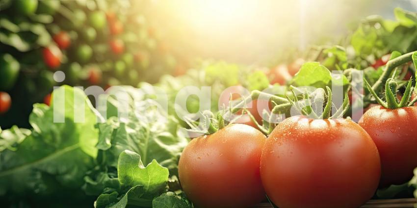 Row of lettuce and tomatoes growing in a greenhouse background, vibrant green lettuce and ripe red tomatoes flourishing under the controlled environment, with sunlight filtering through the transparent greenhouse panels.