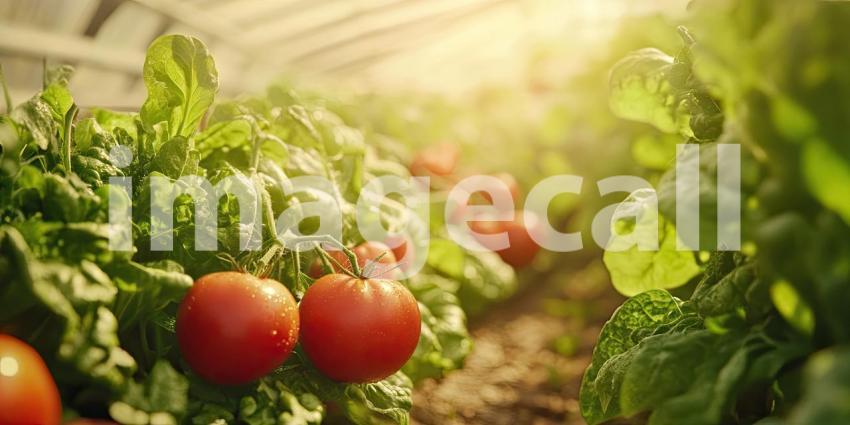 Row of lettuce and tomatoes growing in a greenhouse background, vibrant green lettuce and ripe red tomatoes flourishing under the controlled environment, with sunlight filtering through the transparent greenhouse panels.