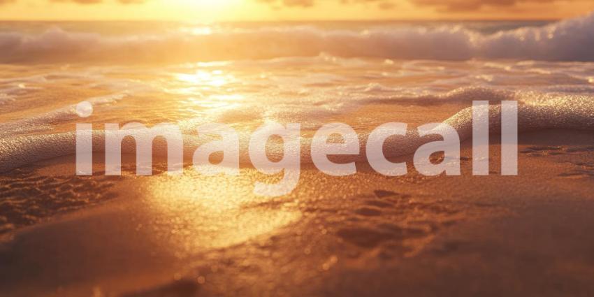 Sand and Waves Under Radiant Sunrise at Beach Background, Stunning Beach Scene with Sunrise Over Sand and Waves