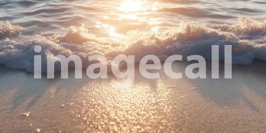 Sand and Waves Under Radiant Sunrise at Beach Background, Stunning Beach Scene with Sunrise Over Sand and Waves