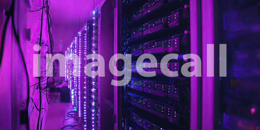 Server racks with lights background, rows of servers glowing with LED lights, creating a high-tech, modern atmosphere in a data center or server room, emphasizing the complexity and efficiency of the equipment.