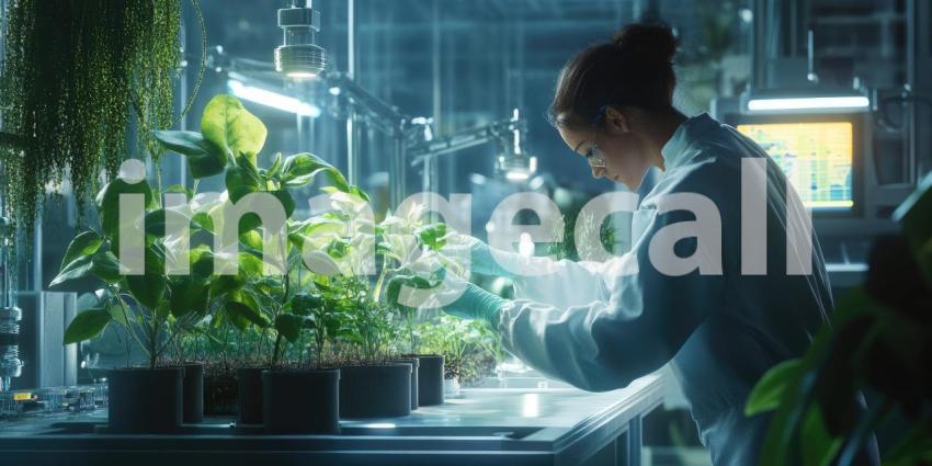 Scientist Examining Plants in Laboratory Background, Researcher Studying Greenery in a Modern, High-Tech Lab Setting