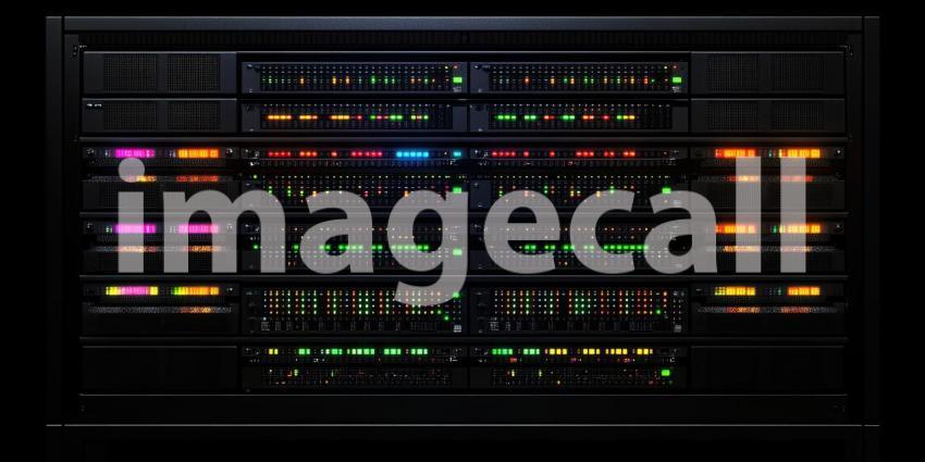 Server racks with lights background, rows of servers glowing with LED lights, creating a high-tech, modern atmosphere in a data center or server room, emphasizing the complexity and efficiency of the equipment.