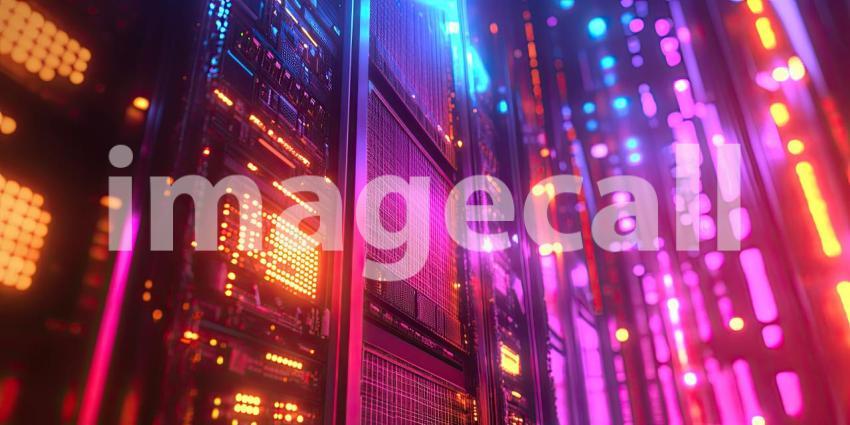 Server racks with lights background, rows of servers glowing with LED lights, creating a high-tech, modern atmosphere in a data center or server room, emphasizing the complexity and efficiency of the equipment.