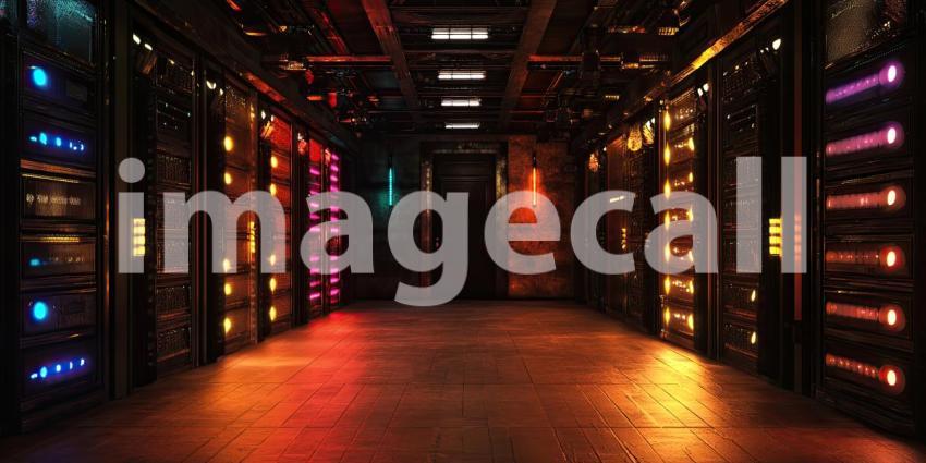 Server racks with lights background, rows of servers glowing with LED lights, creating a high-tech, modern atmosphere in a data center or server room, emphasizing the complexity and efficiency of the equipment.