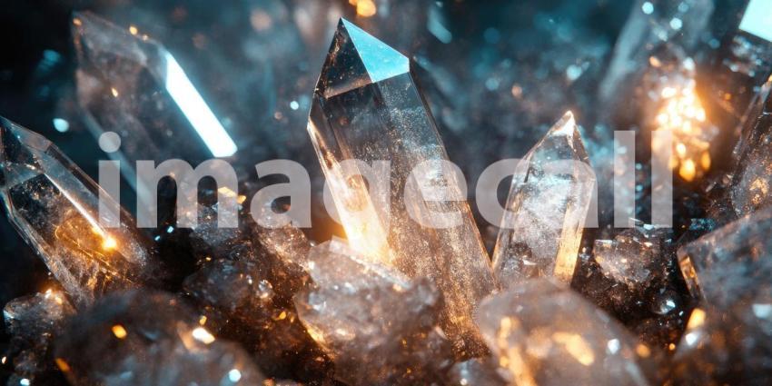 Shimmering crystals in various shapes and sizes background, a sparkling array of translucent gems catching the light, creating a dazzling and magical effect.