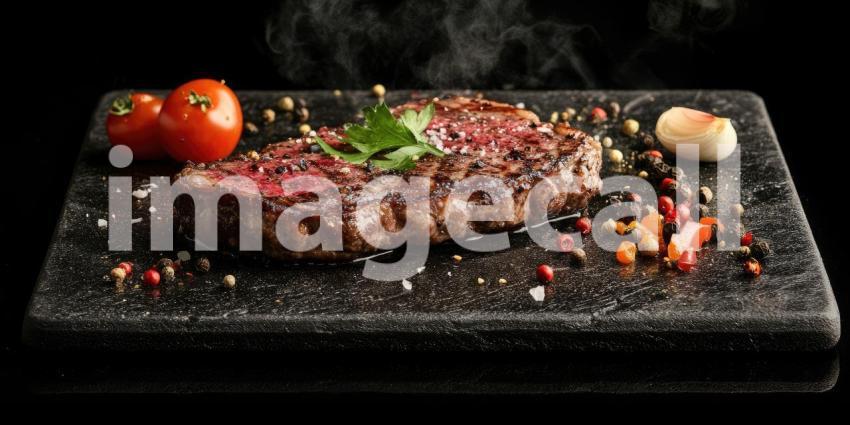 Sizzling Steak Platter with Garnishes on Hot Stone Background, Mouthwatering Steak Served on a Hot Stone with Fresh Garnishes