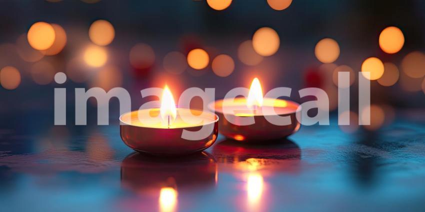 Small Happy Diwali Candles Glow Brightly Against Background, Softly Flickering Diyas with Warm Light Creating a Festive Atmosphere