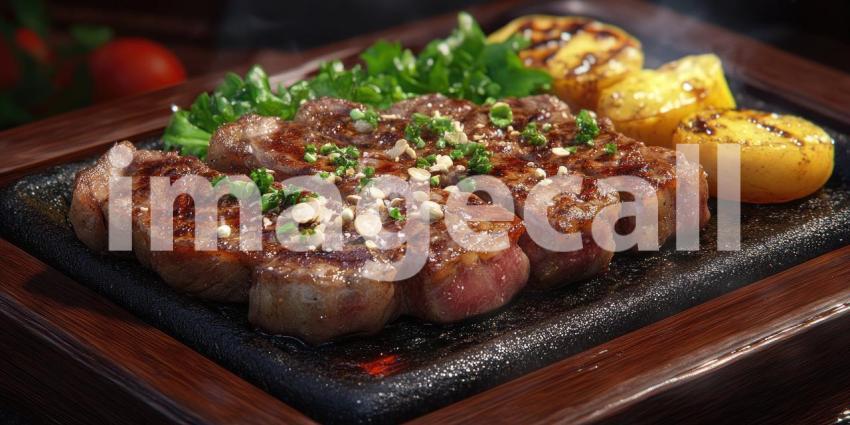 Sizzling Steak Platter with Garnishes on Hot Stone Background, Mouthwatering Steak Served on a Hot Stone with Fresh Garnishes