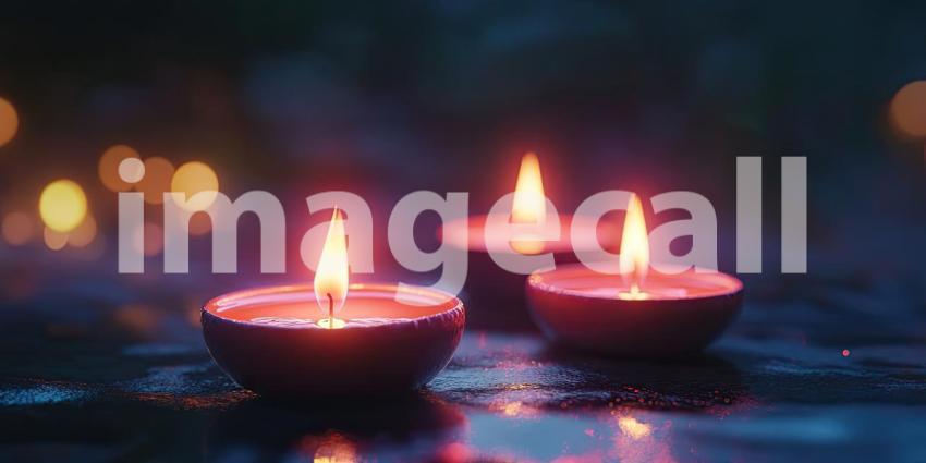 Small Happy Diwali Candles Glow Brightly Against Background, Softly Flickering Diyas with Warm Light Creating a Festive Atmosphere