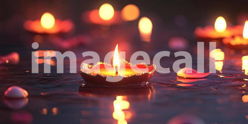 Small Happy Diwali Candles Glow Brightly Against Background, Softly Flickering Diyas with Warm Light Creating a Festive Atmosphere
