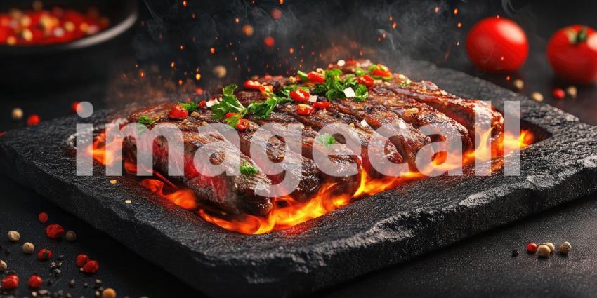 Sizzling Steak Platter with Garnishes on Hot Stone Background, Mouthwatering Steak Served on a Hot Stone with Fresh Garnishes
