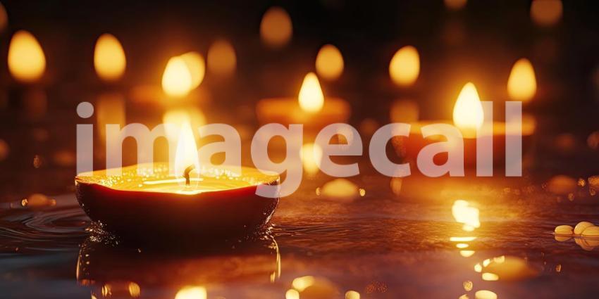 Small Happy Diwali Candles Glow Brightly Against Background, Softly Flickering Diyas with Warm Light Creating a Festive Atmosphere
